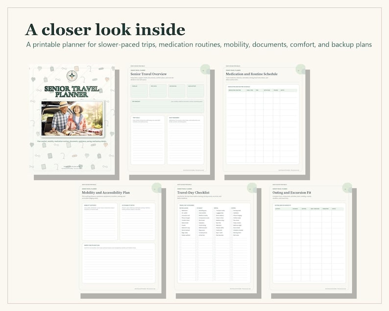 A printable Senior Travel Planner featuring a cover page with a photo of two people, plus five internal pages titled Senior Travel Overview, Medication and Routine Schedule, Mobility and Accessibility Plan, Travel-Day Checklist, and Outing and Excursion Fit.