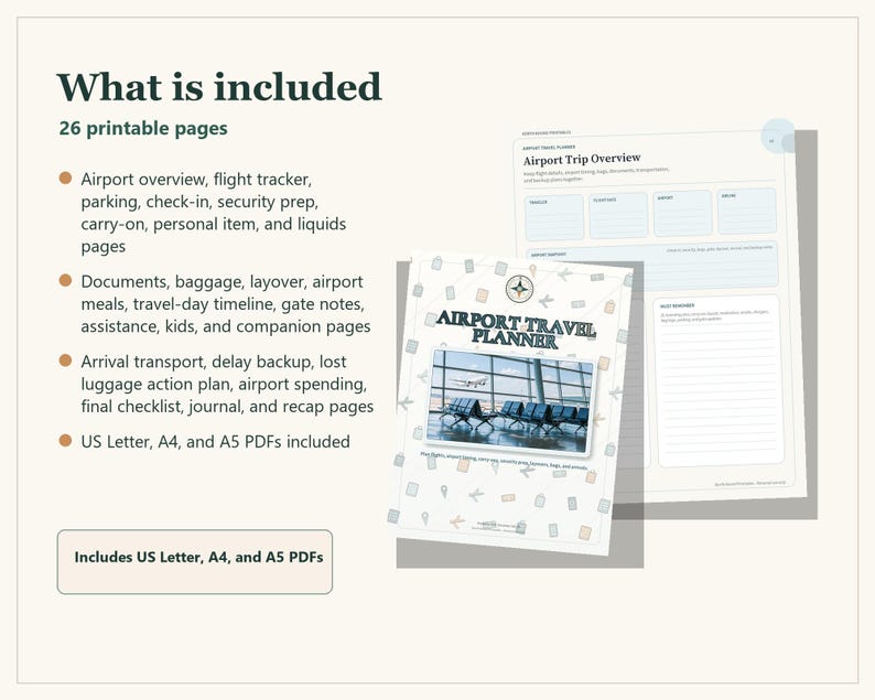 A digital airport travel planner set featuring 26 printable pages. The cover displays the text Airport Travel Planner with a photo of airport seating. An interior page titled Airport Trip Overview includes sections for flight details.