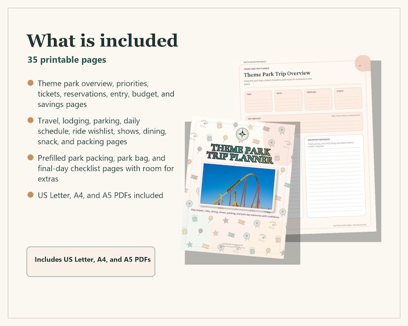 A digital theme park trip planner set containing 35 printable pages. The cover features the text Theme Park Trip Planner and a photograph of a roller coaster. Includes pages for overview, budget, schedule, and packing checklists.