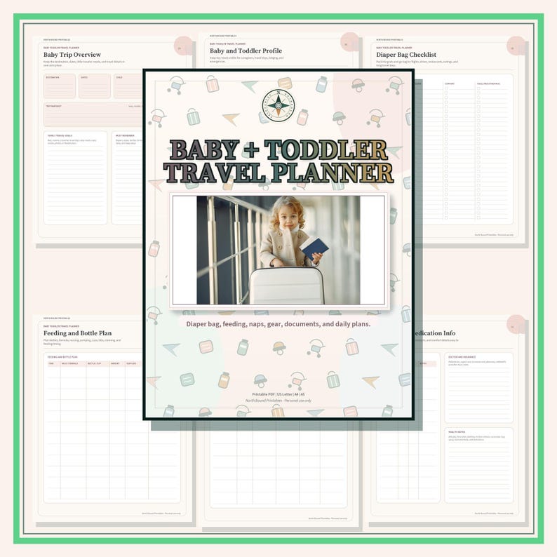 A digital Baby + Toddler Travel Planner with a cover featuring a child with a suitcase and passport. The planner includes pages for trip overview, baby and toddler profile, diaper bag checklist, feeding and bottle plan, and medication info.