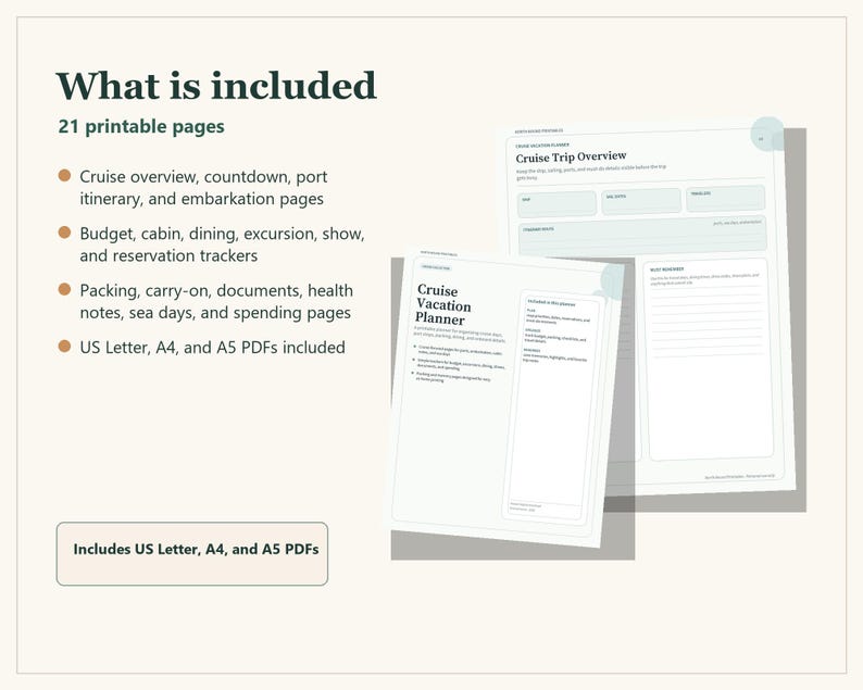 A digital cruise vacation planner set containing 21 printable pages. The document includes sections for cruise overview, itinerary, budget, dining, and packing. Text on the pages includes Cruise Vacation Planner and Cruise Trip Overview. Includes US Letter, A4, and A5 PDFs.