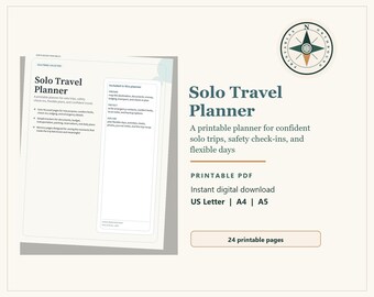 Può includere: Un "Pianificatore di viaggi da solista" stampabile in formato PDF. Il pianificatore include pagine per la pianificazione del viaggio, i controlli di sicurezza e le giornate flessibili. Il design presenta una rosa dei venti e il testo "24 pagine stampabili".