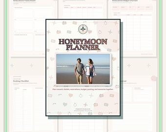 Può includere: Un documento digitale per la pianificazione della luna di miele con una pagina di copertina centrale che riporta il testo HONEYMOON PLANNER, un'icona a forma di bussola e una foto di due persone in spiaggia. Lo sfondo mostra varie pagine di pianificazione.