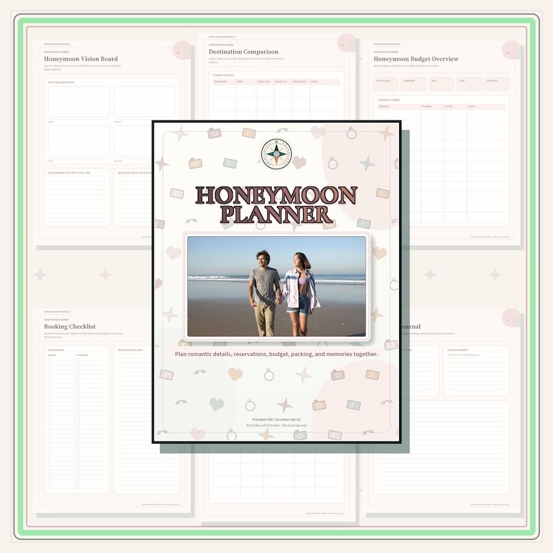 A digital honeymoon planner document featuring a central cover page with the text HONEYMOON PLANNER, a compass icon, and a photograph of two people on a beach. The background displays various planning pages including a vision board and budget.