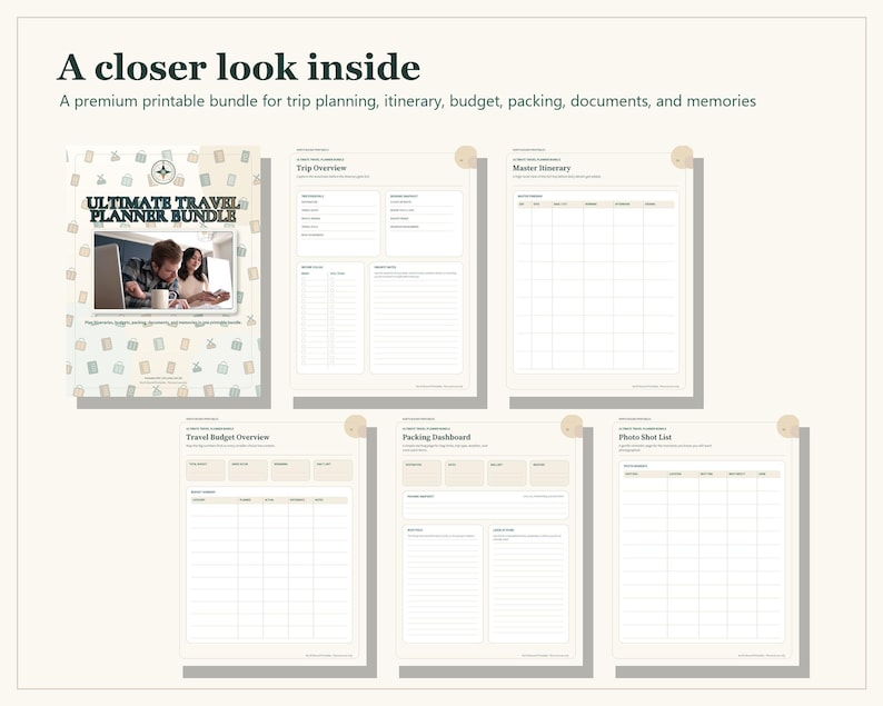 A printable travel planner bundle featuring a cover page with the text ULTIMATE TRAVEL PLANNER BUNDLE and five interior pages titled Trip Overview, Master Itinerary, Travel Budget Overview, Packing Dashboard, and Photo Shot List.