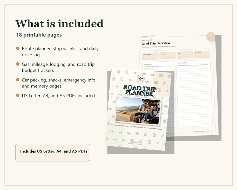 A digital road trip planner set featuring 18 printable pages. The document includes a route planner, stop wishlist, drive log, budget trackers, packing lists, and memory pages. Available in US Letter, A4, and A5 PDF formats for printing.
