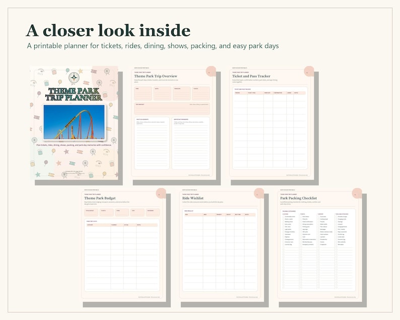 A printable theme park trip planner featuring a cover page with a roller coaster image and text, plus five interior pages including a trip overview, ticket tracker, budget sheet, rides wishlist, and a comprehensive packing checklist.