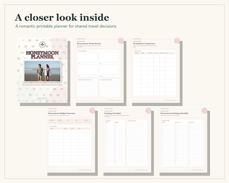 A printable Honeymoon Planner set featuring a cover page with a photo of a couple on a beach, plus five internal pages titled Honeymoon Vision Board, Destination Comparison, Honeymoon Budget Overview, Booking Checklist, and Packing Checklist.
