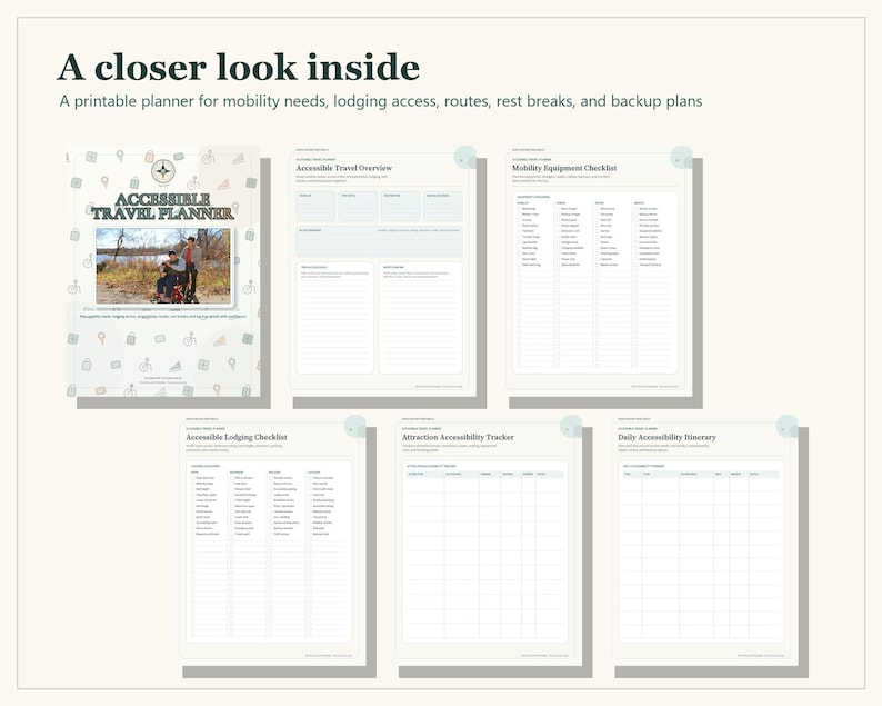 A printable Accessible Travel Planner featuring a cover page with a photo of a person in a wheelchair, plus five internal pages including an Accessible Travel Overview, Mobility Equipment Checklist, Accessible Lodging Checklist, Attraction Accessibility Tracker, and Daily Accessibility Itinerary.