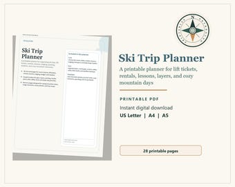 Può includere: Un pianificatore di viaggi di sci stampabile con il titolo "Ski Trip Planner" in verde acqua. Il pianificatore include sezioni per skipass, noleggio, lezioni e giornate in montagna accoglienti. Disponibile nei formati US Letter, A4 e A5.