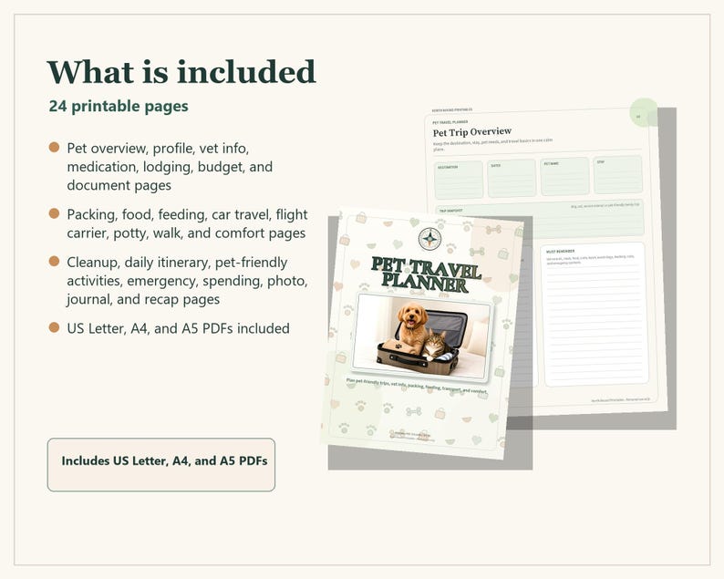 A digital pet travel planner with 24 printable pages including pet overview, packing, and itinerary sections. The cover features a dog and cat in a suitcase with the text Pet Travel Planner. Includes US Letter, A4, and A5 PDF formats.