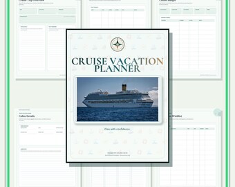 Può includere: Un set di pianificatore digitale per crociere con una pagina di copertina che presenta un'icona a bussola, il testo CRUISE VACATION PLANNER e una fotografia di una grande nave da crociera bianca sull'oceano. Include modelli di pianificazione.