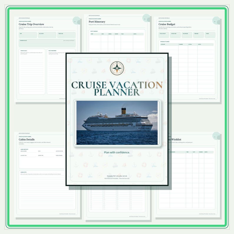 A digital cruise vacation planner set featuring a cover page with a compass icon, the text CRUISE VACATION PLANNER, and a photograph of a large white cruise ship on the ocean. Includes templates for trip overview, itinerary, and budget.