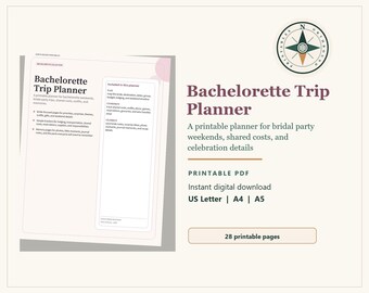 Può includere: Un "Bachelorette Trip Planner" stampabile, disponibile nei formati US Letter, A4 e A5. Il planner include pagine per la pianificazione, il budget e i ricordi. Il design è color crema con un logo a rosa dei venti.