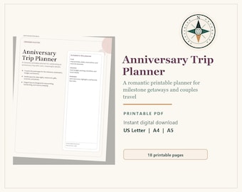 Può includere: Un "Anniversary Trip Planner" stampabile con un logo a bussola. Il planner include pagine per pianificare, organizzare e salvare i ricordi di fughe importanti e viaggi di coppia. Disponibile nei formati US Letter, A4 e A5.