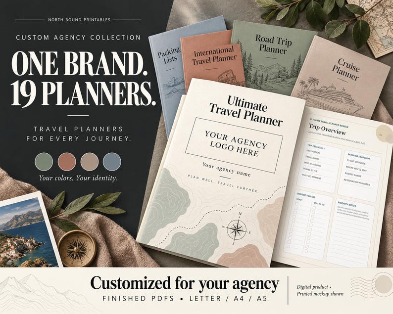 Custom Branded Travel Agency Bundle - 19 Planner PDFs with Your Logo, Letter A4 A5 image 1