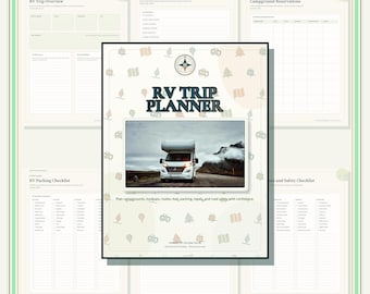 Può includere: Un set di documenti RV Trip Planner con una copertina che presenta un'icona a bussola, il testo RV TRIP PLANNER e una fotografia di un camper bianco su una strada. Lo sfondo include varie icone a tema viaggio e pagine di pianificazione.