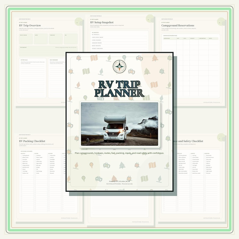 An RV Trip Planner document set featuring a cover page with a compass icon, the text RV TRIP PLANNER, and a photograph of a white motorhome on a road. The background includes various travel-themed icons and additional planning pages.