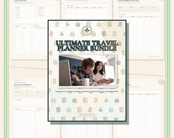 Può includere: Un pacchetto di pianificatori di viaggio digitali con una pagina di copertina centrale che riporta il testo Ultimate Travel Planner Bundle, un'icona a forma di bussola e una foto di due persone che utilizzano un computer portatile.