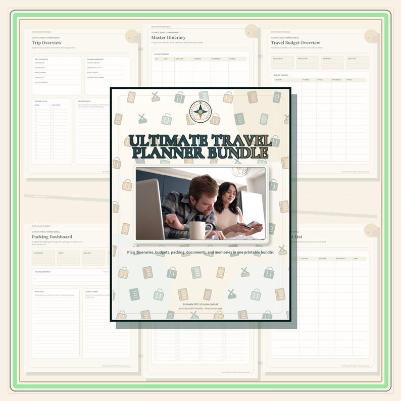 A digital travel planner bundle featuring a central cover page with the text Ultimate Travel Planner Bundle, a compass icon, and a photo of two people using a laptop. The background displays various printable planning templates.