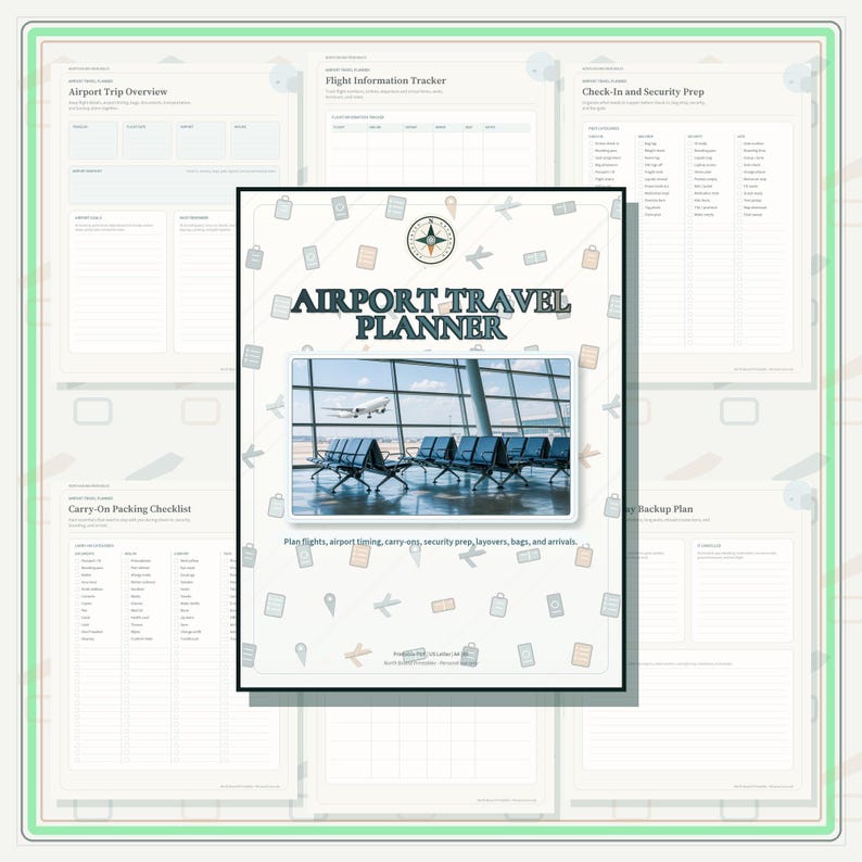 Printable Airport Travel Planner, Flight Itinerary, Carry-On Checklist (PDF Download) image 1