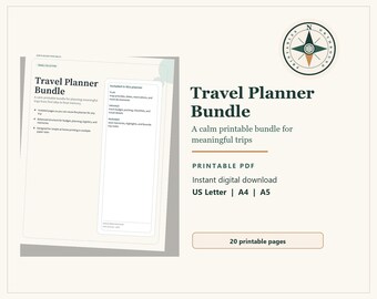 Può includere: Un pacchetto stampabile di Travel Planner con il testo "Travel Planner Bundle" in verde scuro. L'immagine include una grafica a bussola e dettagli per la pianificazione dei viaggi. Disponibile nei formati US Letter, A4 e A5.