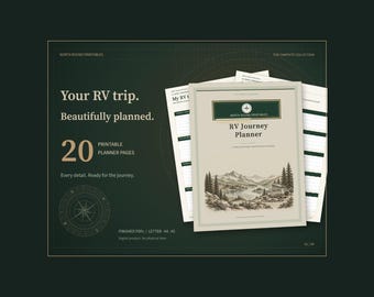 Reiseplaner für Wohnmobilreisen zum Ausdrucken, Campingplatzreservierung, Reiseroute, Packliste und Budgetplanung, 20 Seiten, A4, A5, Letter