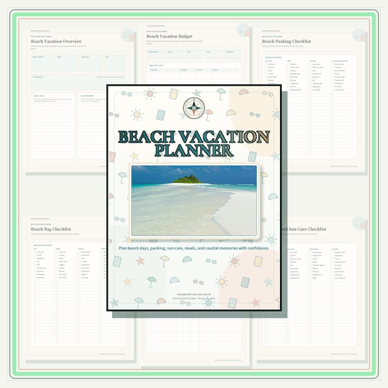 Printable Beach Vacation Planner, Itinerary, Packing Checklist (PDF) image 1
