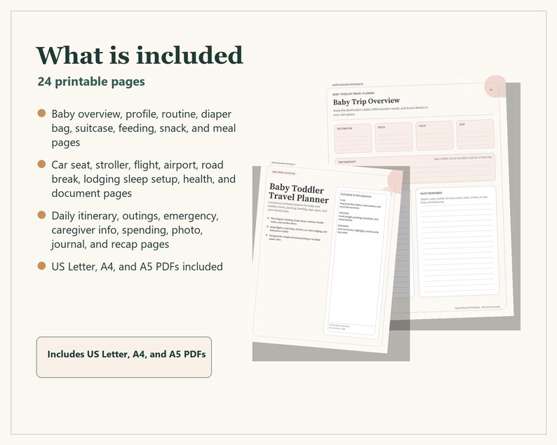 A set of 24 printable pages for a baby toddler travel planner. The document includes sections for baby overview, routine, diaper bag, suitcase, feeding, car seat, stroller, flight, airport, road break, lodging, health, and daily itinerary.