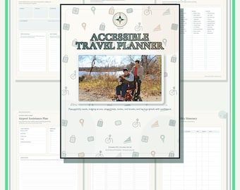 Può includere: Un pianificatore di viaggio accessibile con una pagina di copertina centrale che riporta il titolo Accessible Travel Planner, un logo a bussola e una foto di due persone all'aperto. Lo sfondo include icone di sedie a rotelle.