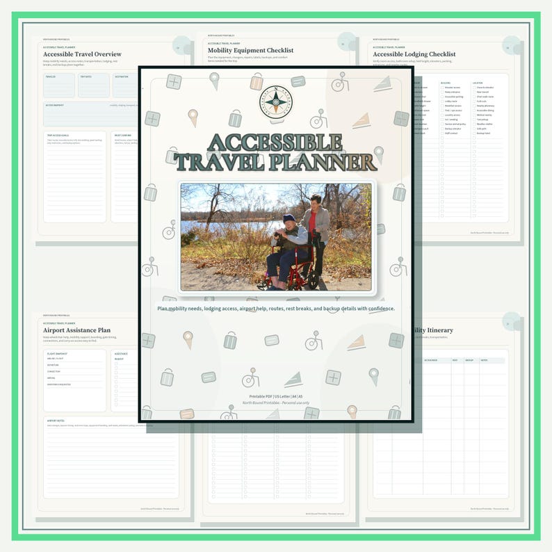 An Accessible Travel Planner document featuring a central cover page with the title Accessible Travel Planner, a compass logo, and a photograph of two people outdoors. The background includes icons of wheelchairs and travel symbols.
