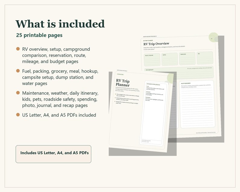 A set of 25 printable RV trip planner pages featuring sections for overview, setup, campground comparison, reservations, routes, mileage, budget, fuel, packing, meals, maintenance, weather, itinerary, kids, pets, safety, and journals in US Letter, A4, and A5 sizes.