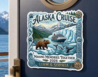Imán personalizado para crucero por Alaska, recuerdo personalizado de vacaciones familiares, decoración para la puerta de un viaje a Alaska.