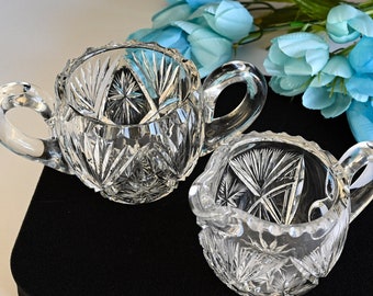 American Brilliant Lead Crystal Sugar & Creamer Set Round Shape Double Handles