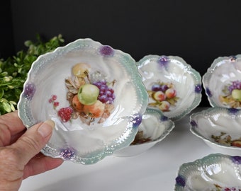Six Leuchtenburg Berry Bowls Fruit Design Scalloped Rim Lusterware