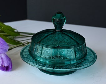 Doric & Pansy Covered Butter Dish Ultramarine Depression Glass Jeannette