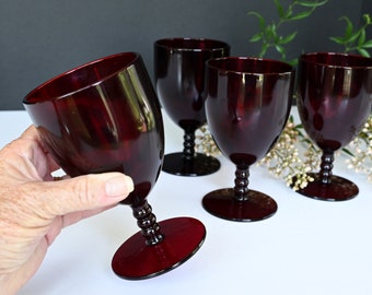 4 Royal Ruby Balled Stemmed Goblet 9 oz  Red Depression Glass Set
