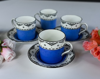 Set-George Jones Crescent England Demitasse 4 Cups & 3 Saucers Blue With Checkerboard Pattern