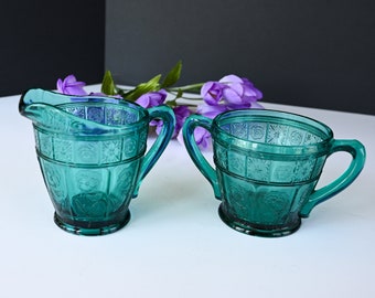 Doric & Pansy Sugar Creamer Set Ultramarine Depression Glass Jeannette