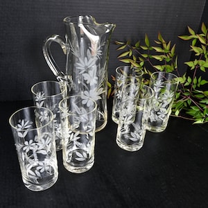 MCM Cocktail Pitcher & 6 Tumblers Set Etched Glass
