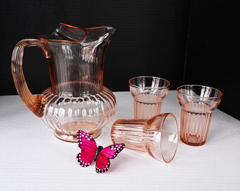 Macbeth Ribbed Pitcher With 3 Tumblers Unusual Bulb Shape Pink Depression Glass