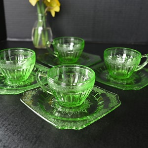 Four Jeanette Adam Cup Saucer Set Green Depression Glass