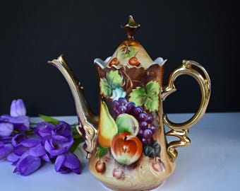 Lefton Coffee/Tea Pot Heritage Brown Fruit Pattern China