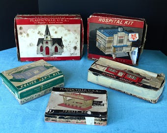 5 Plasticville Buildings - Cathedral, School House, Hospital, Police, Frosty Bar 1950's Train Accessories