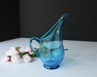 MCM Blue Crackle Glass Small Carafe 0r Pitcher 8" Tall