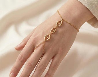 Bracelet Bague Chaîne Dorée Femme - Acier Inoxydable Waterproof - Maille Marine Ancre - Bijoux chaine de Main - Cadeau Elle - Gourmette