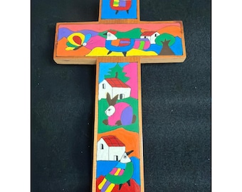 Artesanias El Pinalito Hand Painted Wood Cross La Palma El Salvador Folk Art 10"