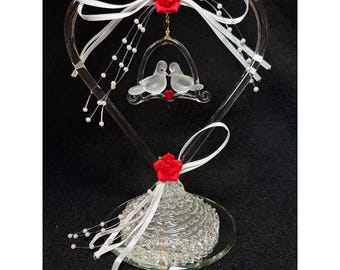 Glass Heart Love Birds Figurine Mirrored Base Red Rose Wedding Cake Topper VTG