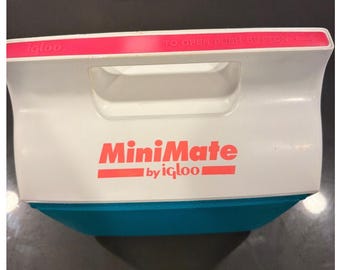 Nevera portátil Igloo MiniMate vintage de 1993, color verde azulado, blanco y rosa neón, estilo retro de los 90, 4 cuartos de galón, 6 latas.