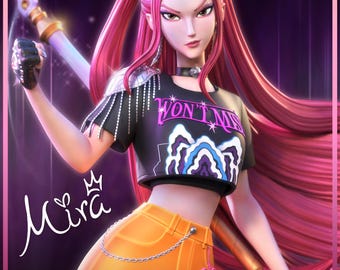 Puede incluir: Figura de un personaje con largo cabello rosado, vistiendo un top corto negro con el texto "WON'T MISS" y una falda naranja. El personaje sostiene un arma. La imagen tiene el texto "Mira" y "NEKO Figurines".